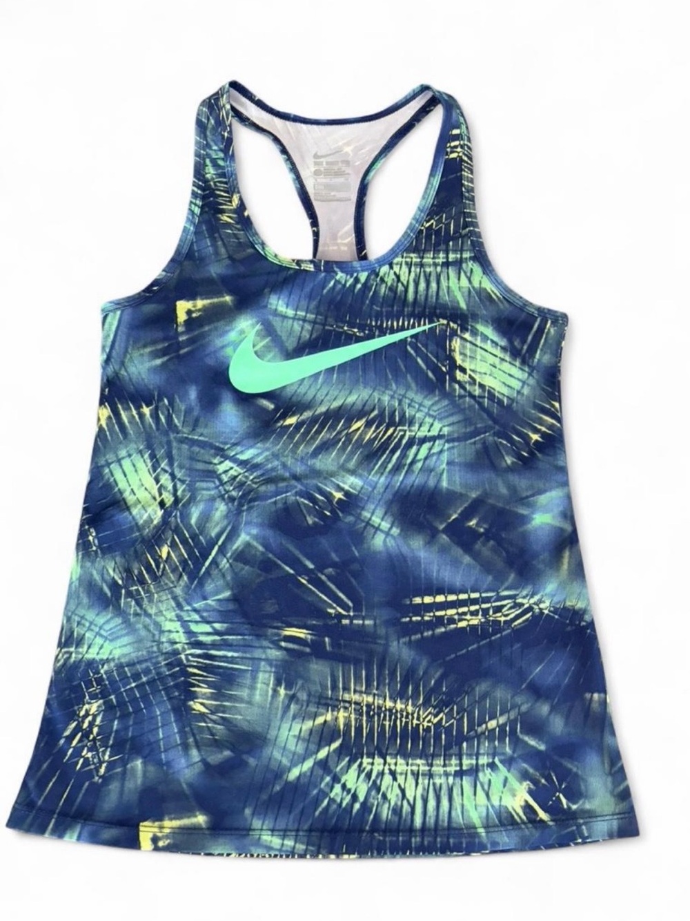 Nike women’s Sz. S DRI-FIT blue, green +yellow abstract pattern tank top